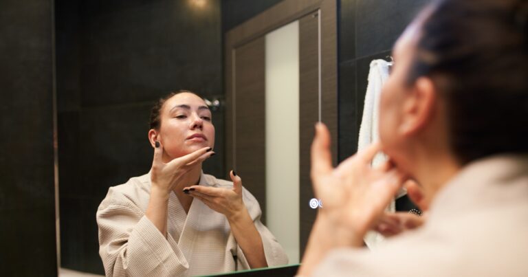 woman in cotton bathrobe